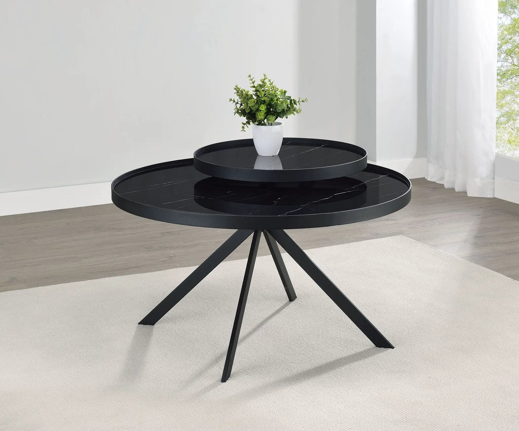 Briggs Round Marble Printed Glass Top Coffee Table Black by Unique Piece Furniture