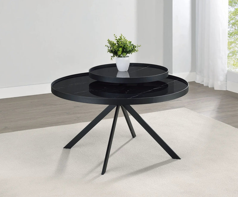 Briggs Round Marble Printed Glass Top Coffee Table Black by Unique Piece Furniture