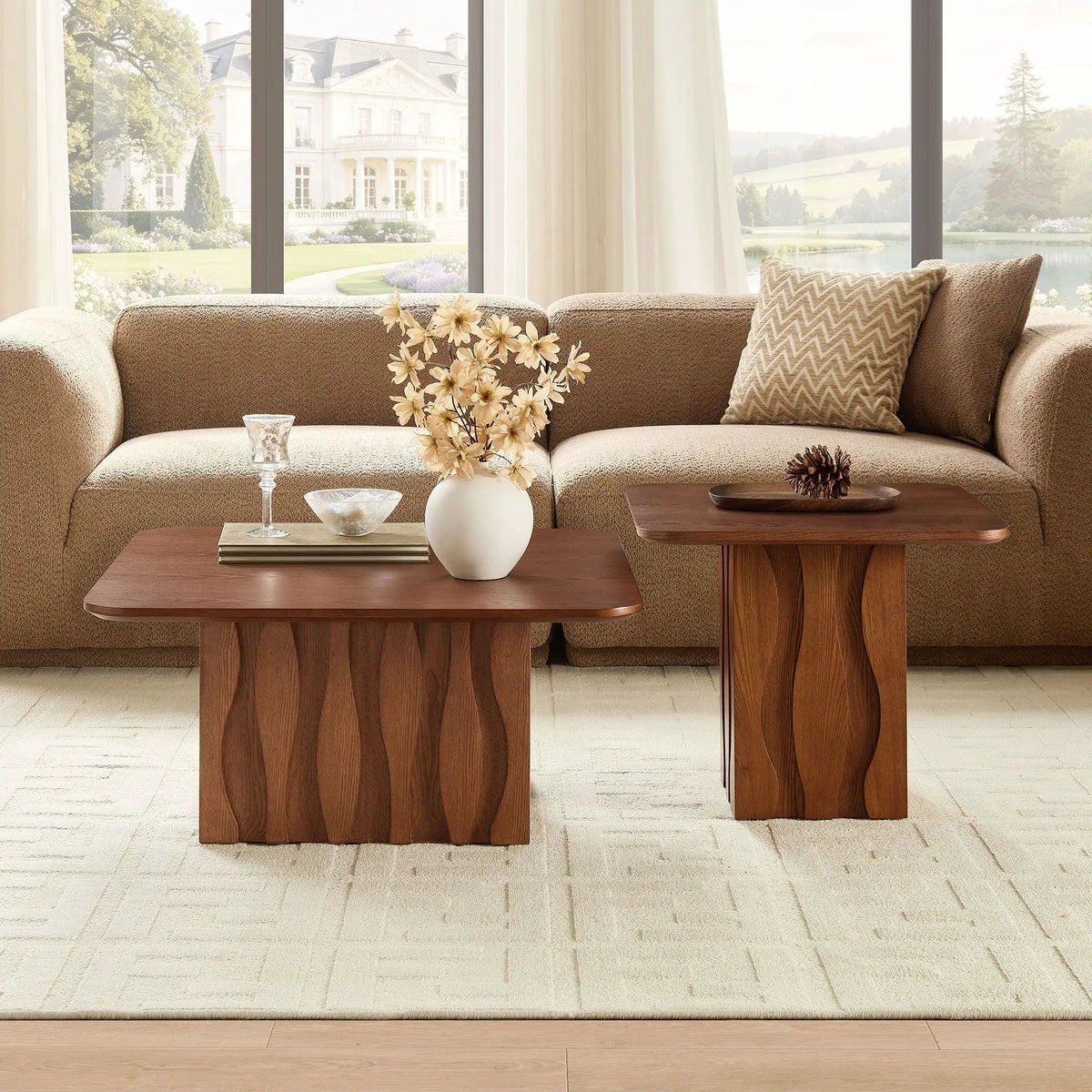 2PCS Nesting Square Coffee Table Mid-Century Wavy Fluted Base by HouseOfZazla