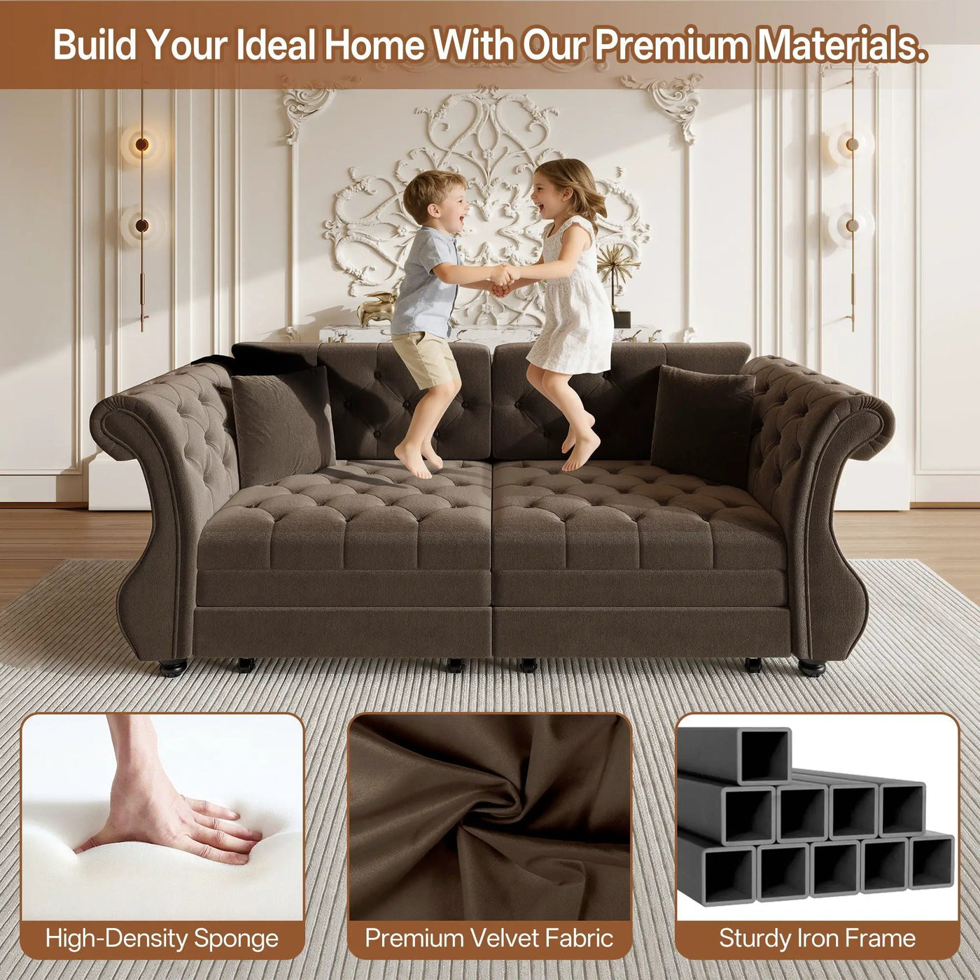 Oversized Chesterfield Pull Out Sofa Bed, Roll Arm Couch With Flower Tufting For Living Room by HouseOfZazla
