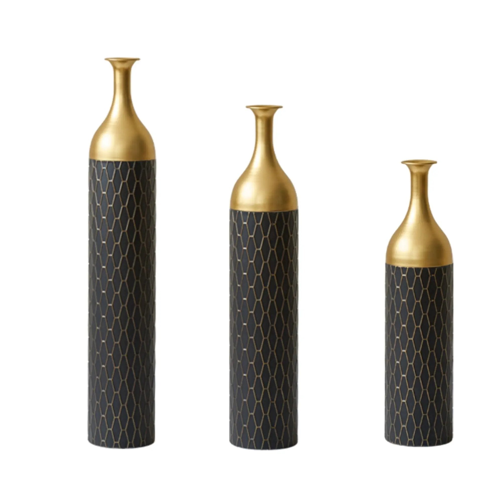 Elegant Floor Vase Set Metal Decorative Vases 3 Piece Set For Floral Display, Wedding & Gift Decor - Gold / Black by Unique Piece Furniture