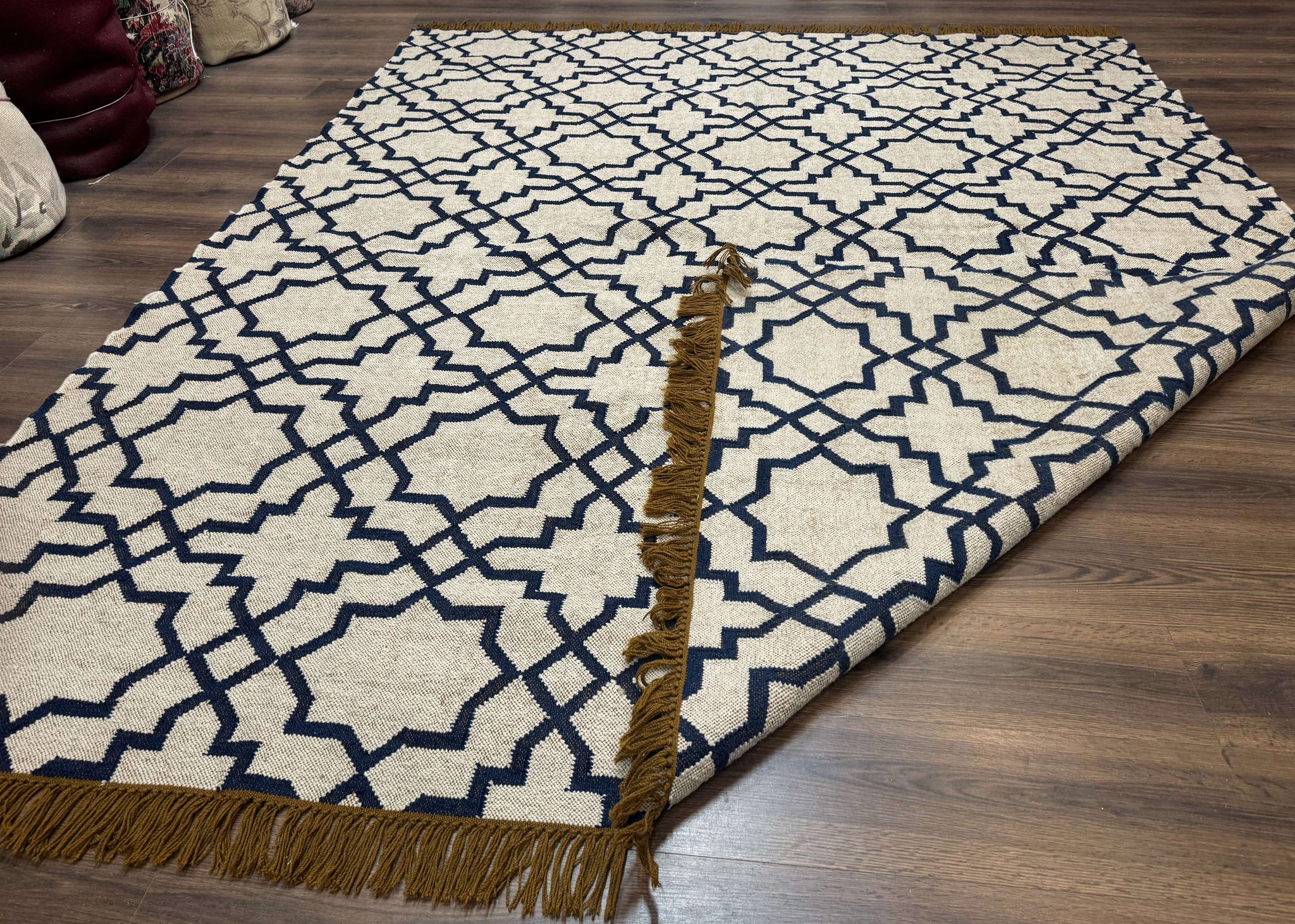 Indian Kilim Rug 8x10, Oat and Navy Blue, Dhurrie Carpet, Handmade, Wool by Jewel Rugs