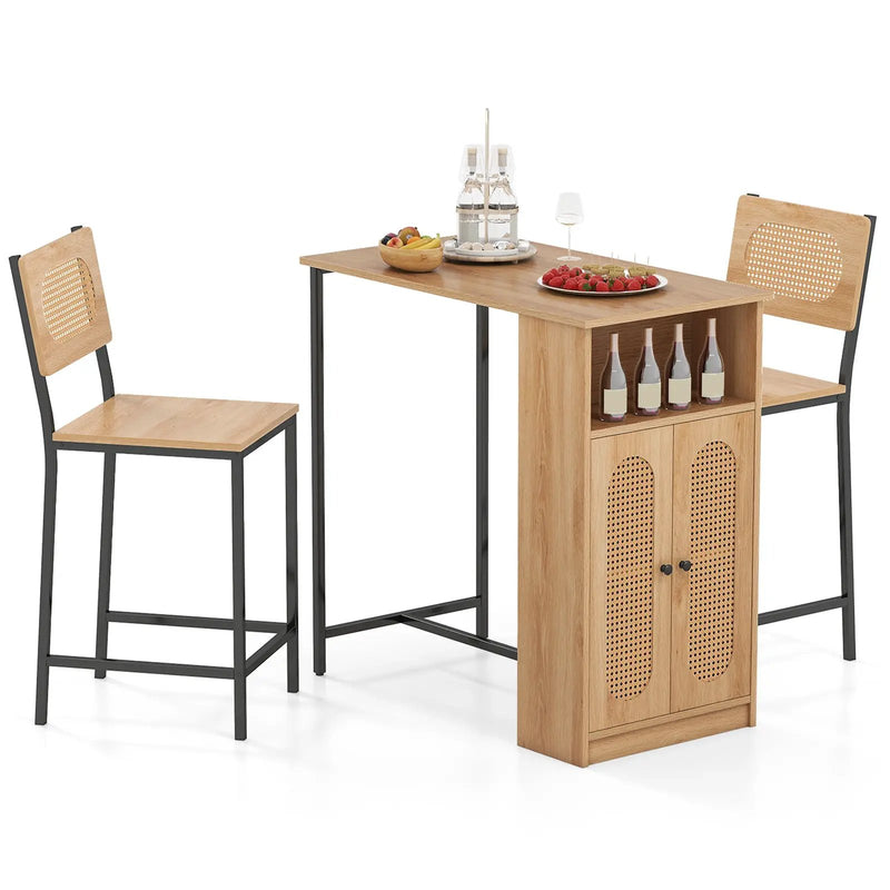 3-Piece Bar Table and Chairs Set with Storage Shelves and Footrests-Natural by DirectDeals