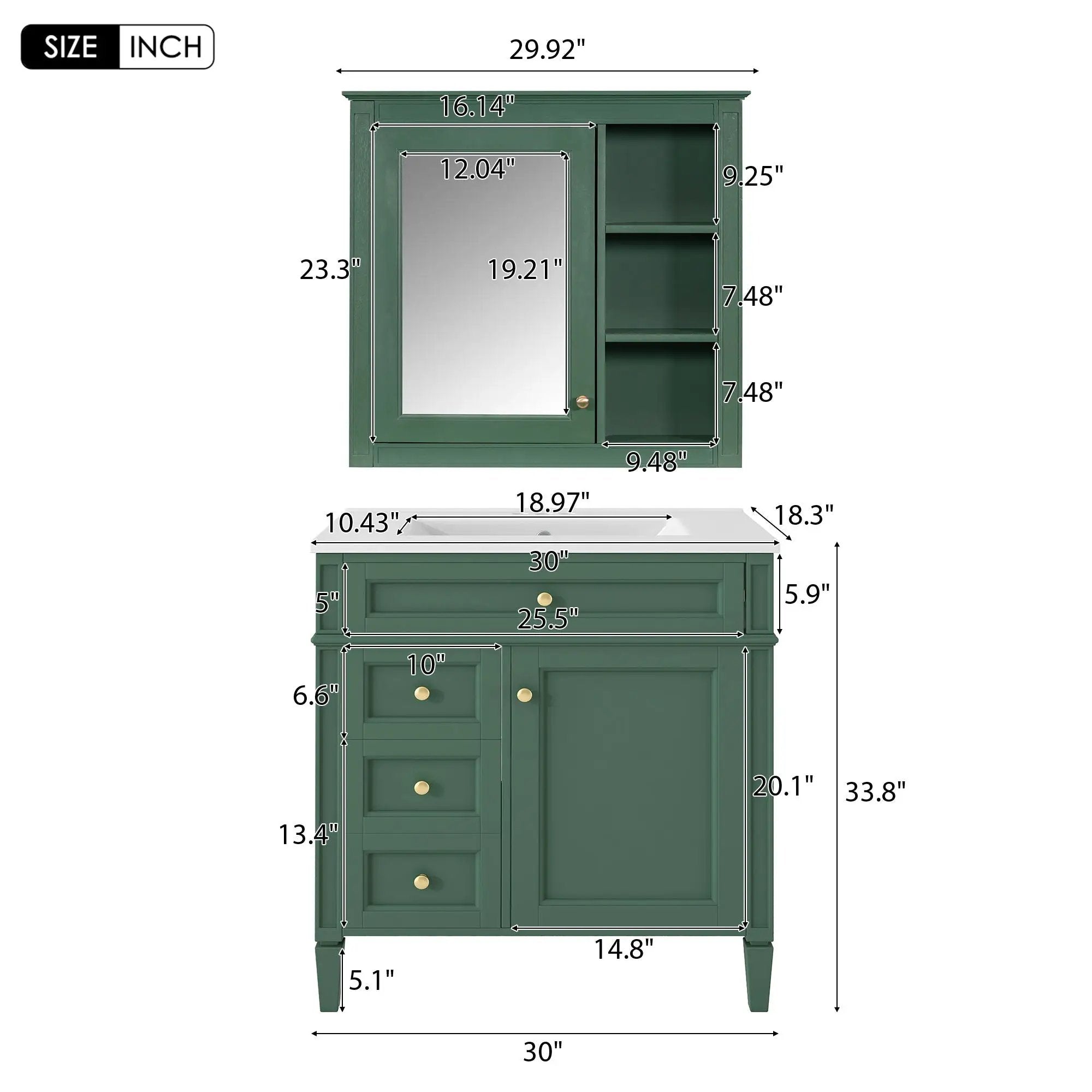 Bathroom Vanity With Medicine Cabinet, Royal Mirror Cabinet, Modern Bathroom Storage Cabinet With 2 Soft Closing Doors And 4 Drawers by Unique Piece Furniture