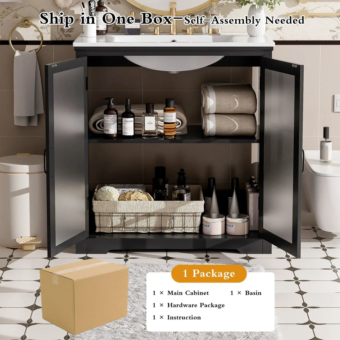 Modern Bathroom Vanity With Ceramic Sink, Tempered Blurred Glass Doors by HouseOfZazla