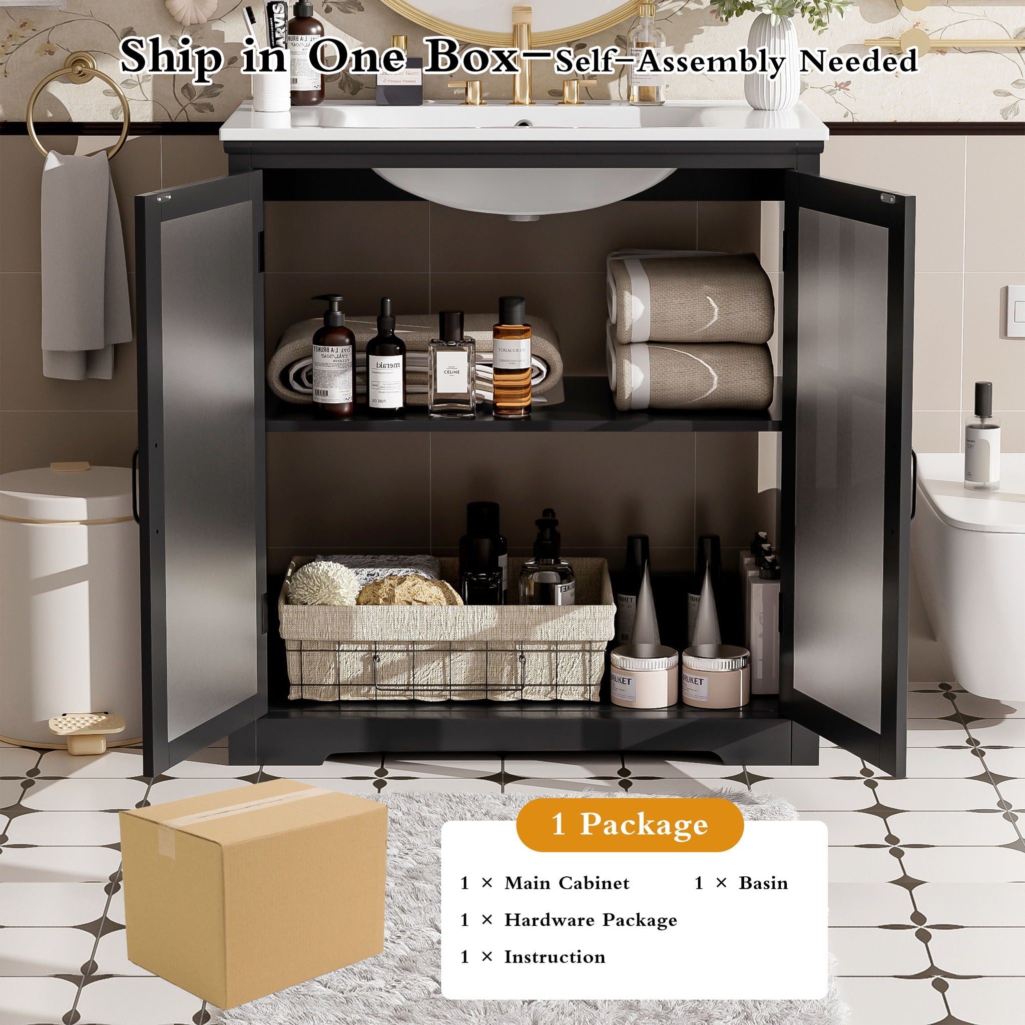 Modern Bathroom Vanity With Ceramic Sink, Tempered Blurred Glass Doors by HouseOfZazla