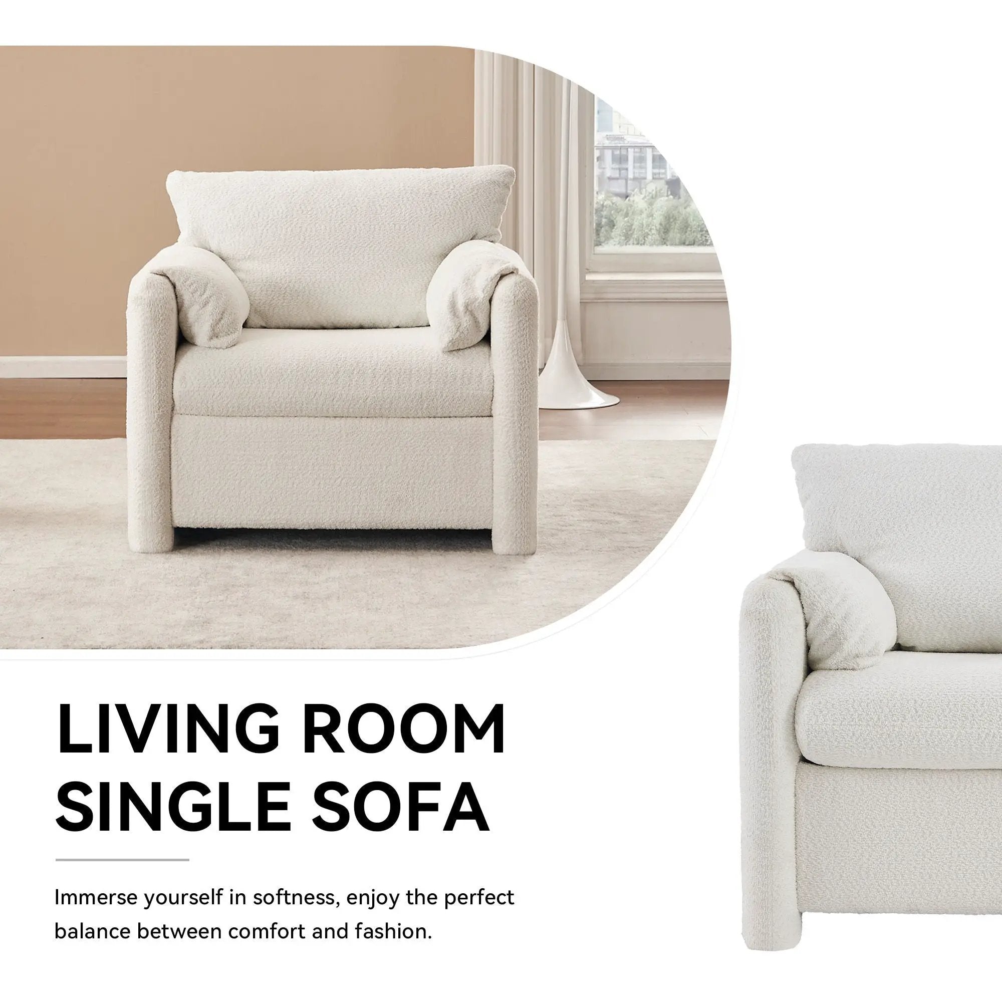 Fixed Modern Accent Chair Single Seater Plush Chenille Lounge Chair With High Resilience Cushion - Ivory White by HouseOfZazla