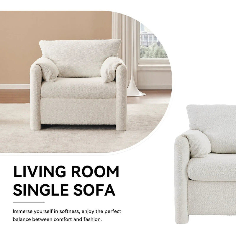 Fixed Modern Accent Chair Single Seater Plush Chenille Lounge Chair With High Resilience Cushion - Ivory White by HouseOfZazla