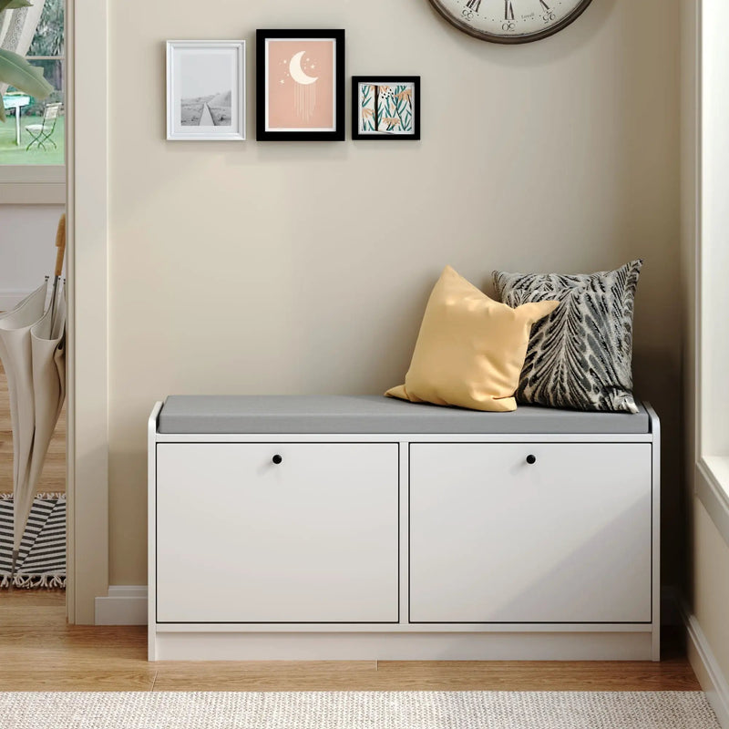 Shoe Storage Bench With Cushion, Entryway Organizer Cabinet For Hallway - White by HouseOfZazla