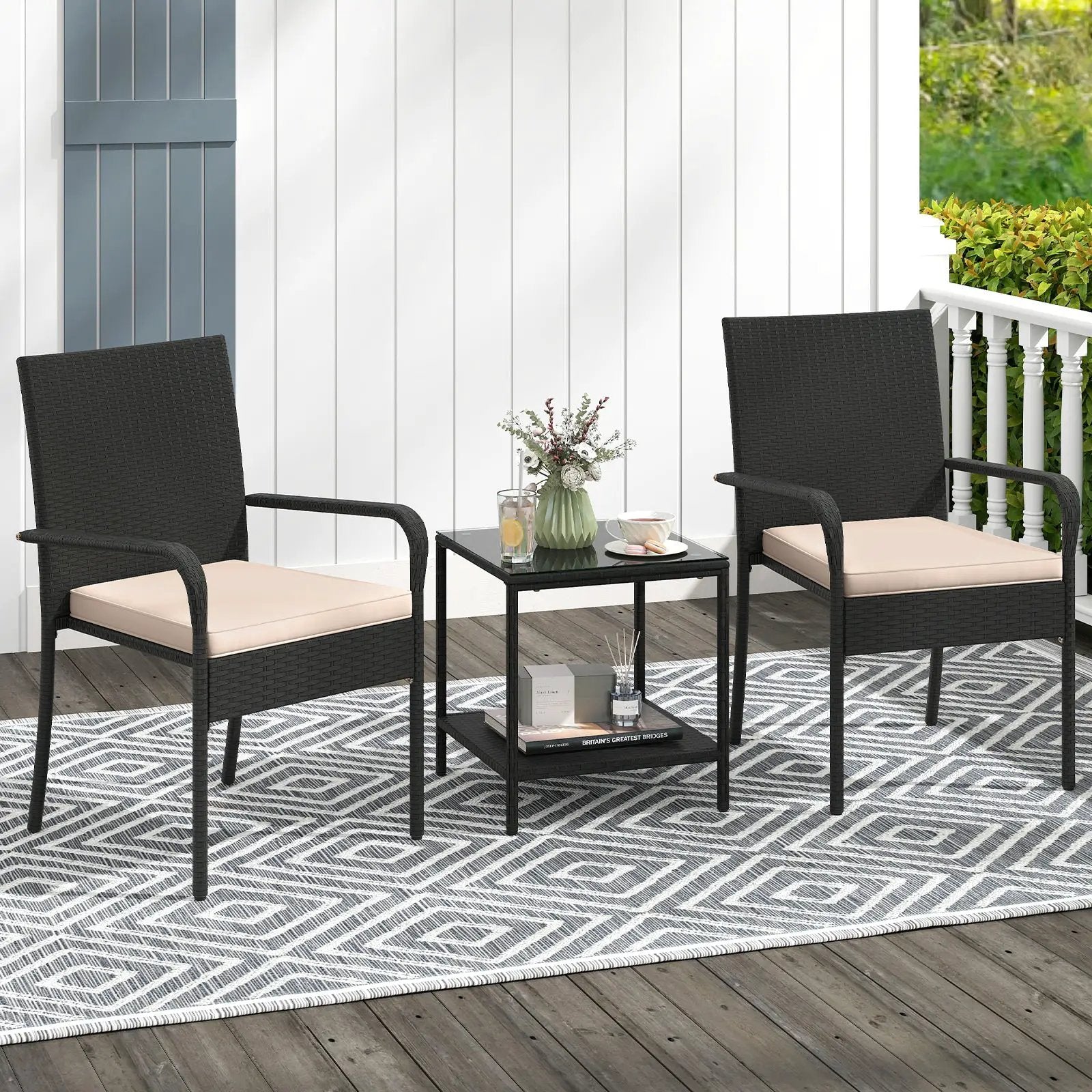 3 Piece Patio Furniture Set with Seat Cushions and Tempered Glass Tabletop by DirectDeals