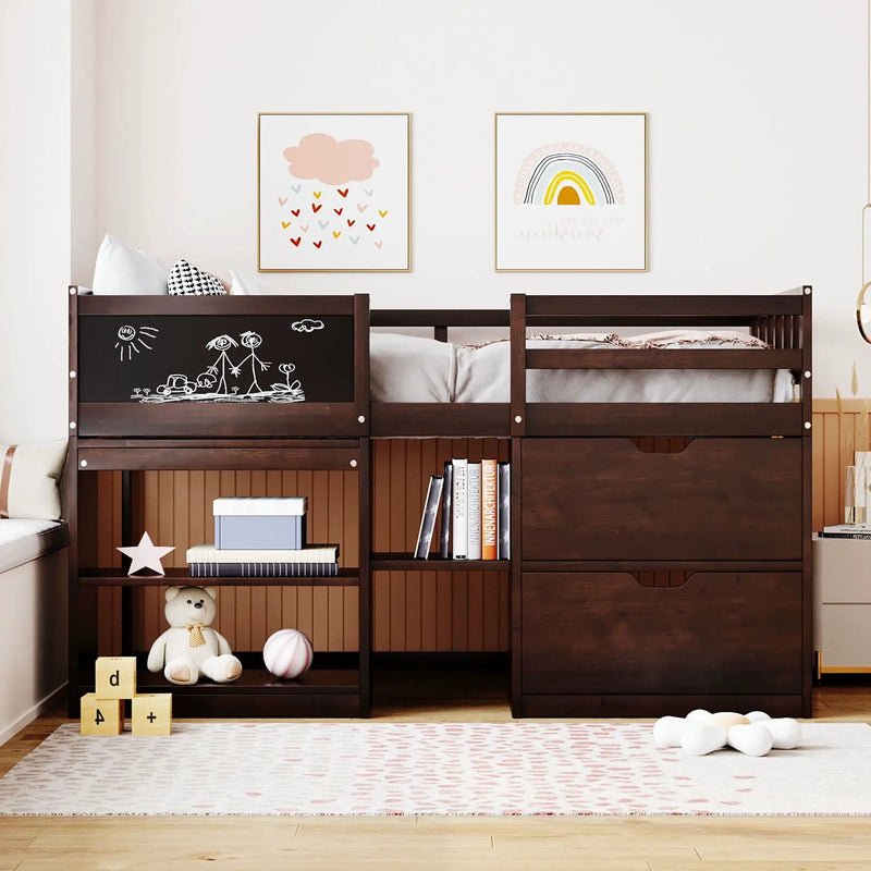 Low Loft Bed With Rolling Desk, Shelf And Drawers by HouseOfZazla