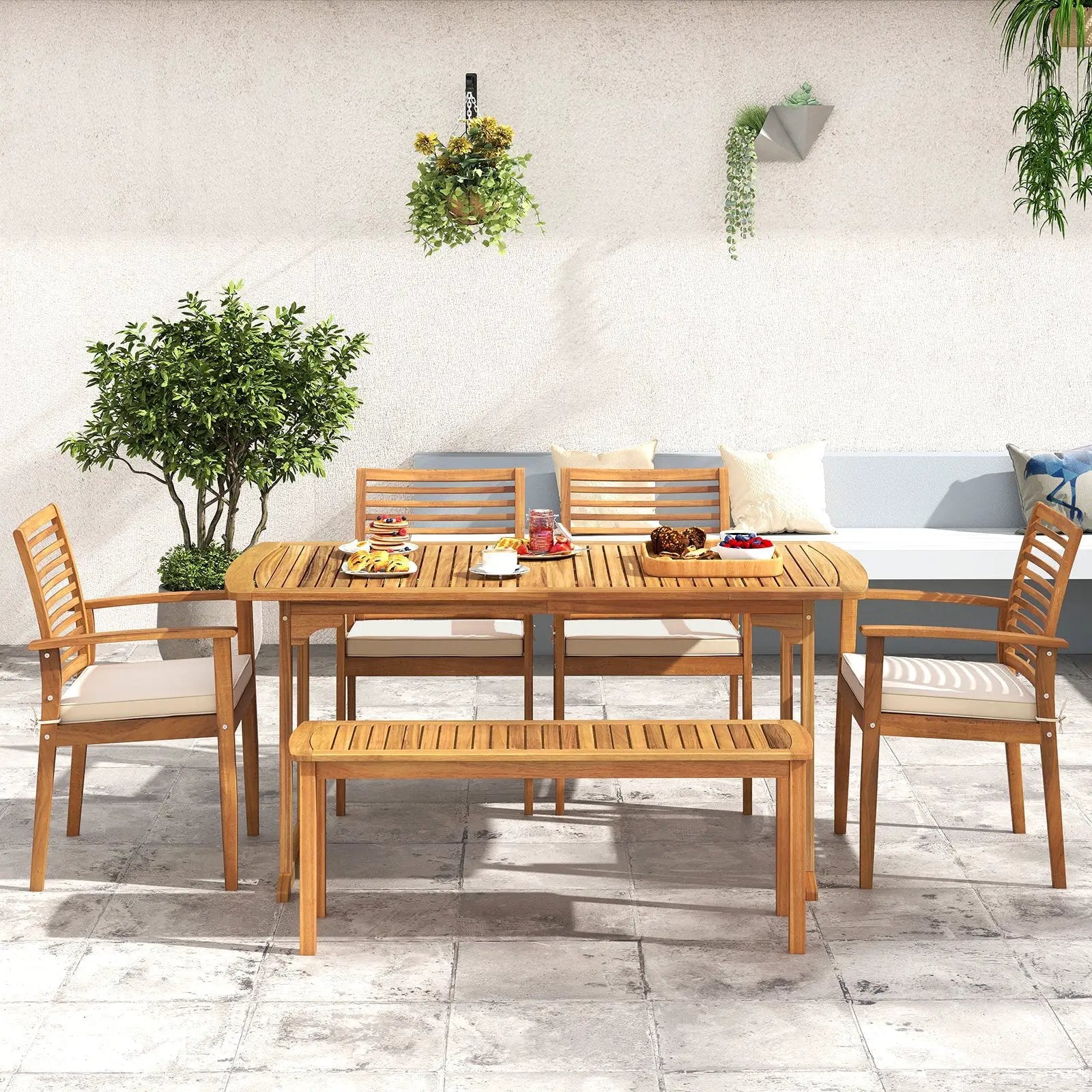 Outdoor Patio Dining Chairs Set of 2 with Removable Padded Cushion and Slatted Backrest-Beige by DirectDeals