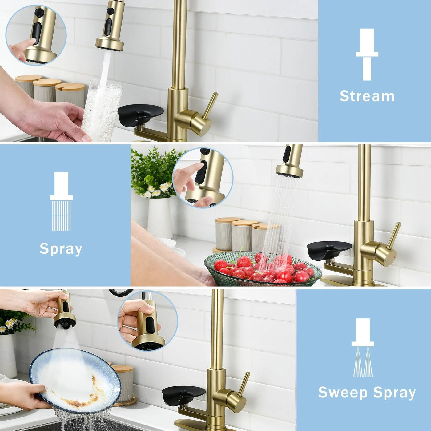 3 In 1 Kitchen Faucet With Press Type Glass Rinser, High Arc Pull Down Sprayer by HouseOfZazla