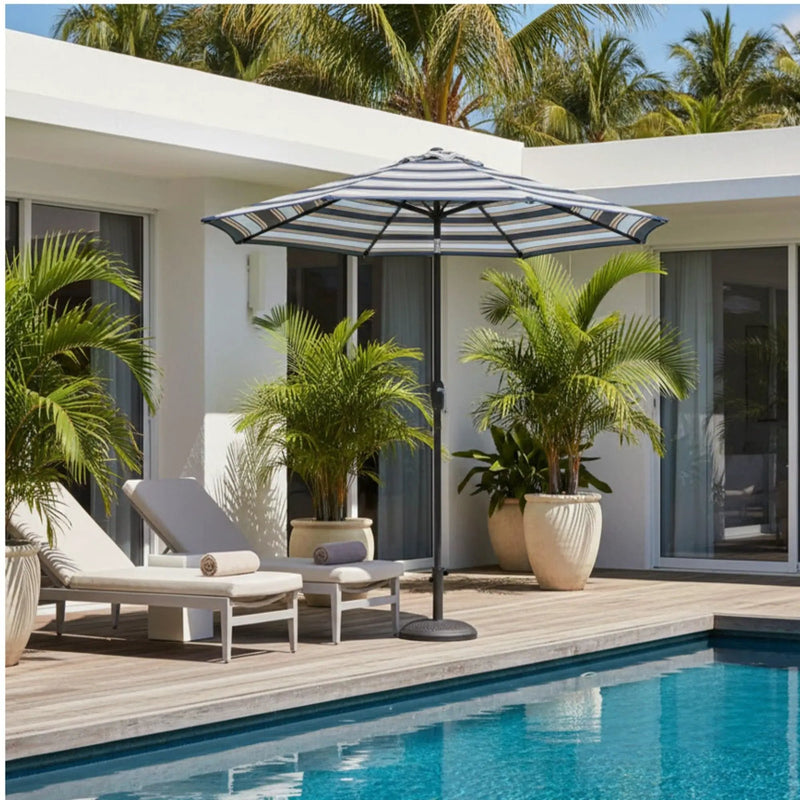 Patio Umbrella With Crank Lift & Push Button Tilt Frame, 200G / Sqm Solution Dyed Canopy - Blue Multi / Brown by HouseOfZazla
