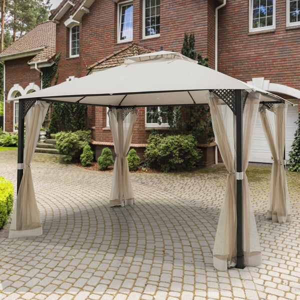 12 x 10 Feet Outdoor Double Top Patio Gazebo with Netting-Brown, photo 2 of 9