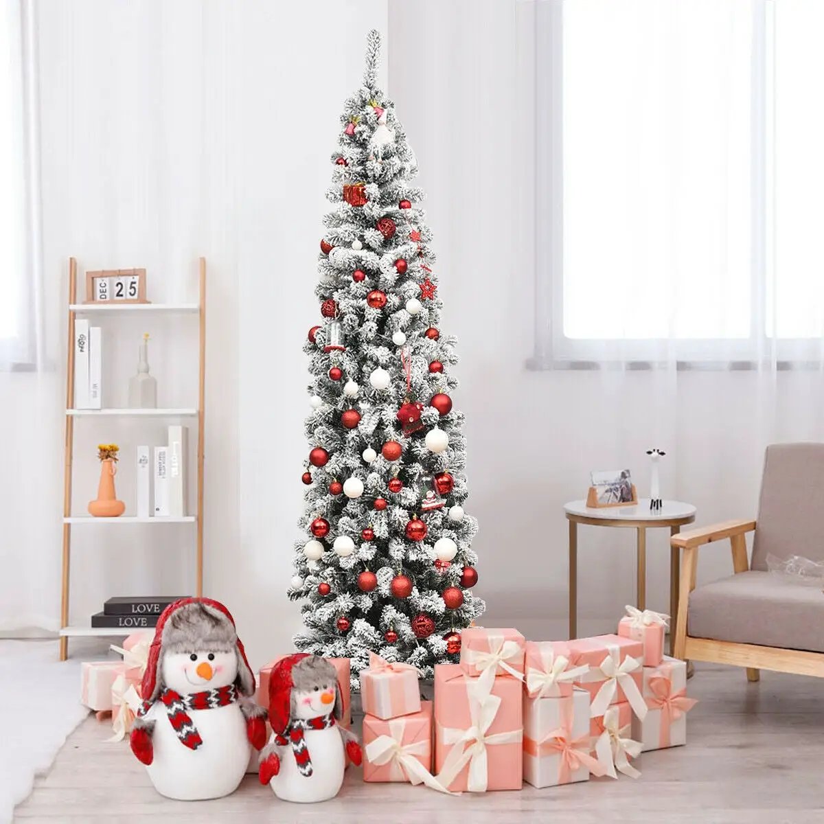 7.5 Feet Pre-lit Snow Flocked Artificial Pencil Christmas Tree with LED Lights by DirectDeals