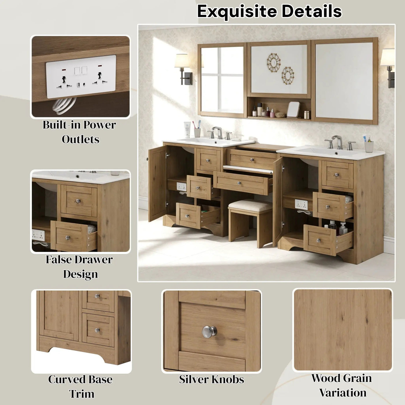 Double Sink Bathroom Vanity With Countertop, 2 Ceramic Sinks, 6 Drawers by HouseOfZazla