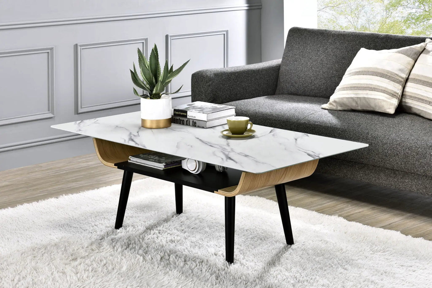 Landon - Coffee Table With Glass Marble Texture Top And Bent Wood Design by HouseOfZazla