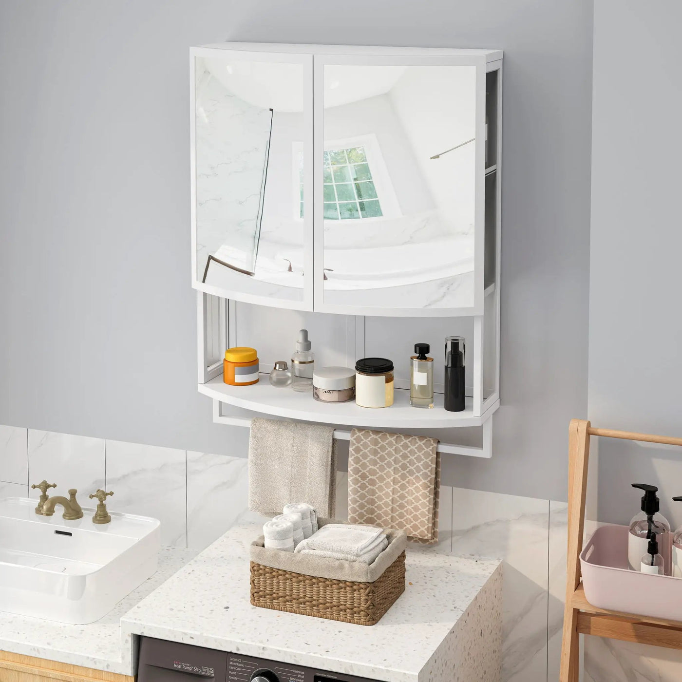 Arched Glass Double Door Wardrobe With Shatterproof Mirror, Open Shelf & Towel Rack by HouseOfZazla
