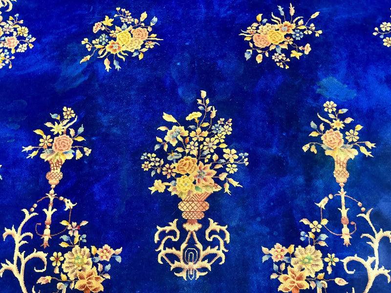 Blue Chinese Art Deco Rug 9x12, Vintage Antique Chinese Wool Rug, Chinese Fette Rug by Jewel Rugs