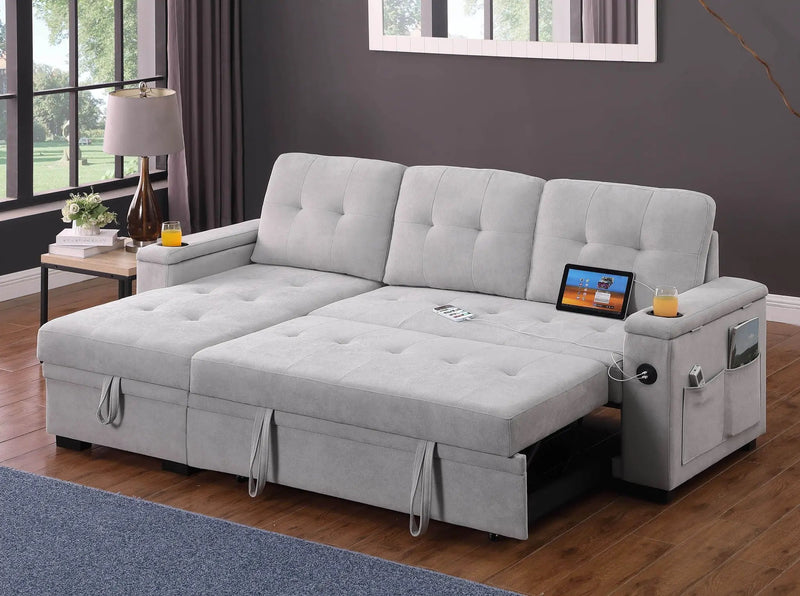 Ashlyn II - 84"W Woven Fabric Reversible Sleeper Sectional Sofa with Storage Chaise by HouseOfZazla