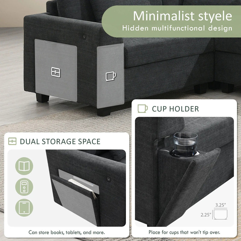 U Shaped Sectional Sofa 6 Seat Couch Set With Oversized Ottoman, Hidden Armrest Storage And Cup Holders USB Charging Ports Wide Seat Sofa by Unique Piece Furniture