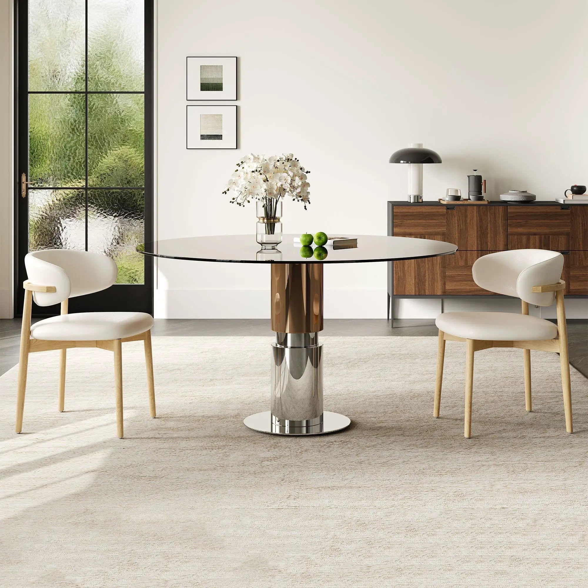 Round Glass Dining Table With Stainless Steel Legs And Chairs by HouseOfZazla