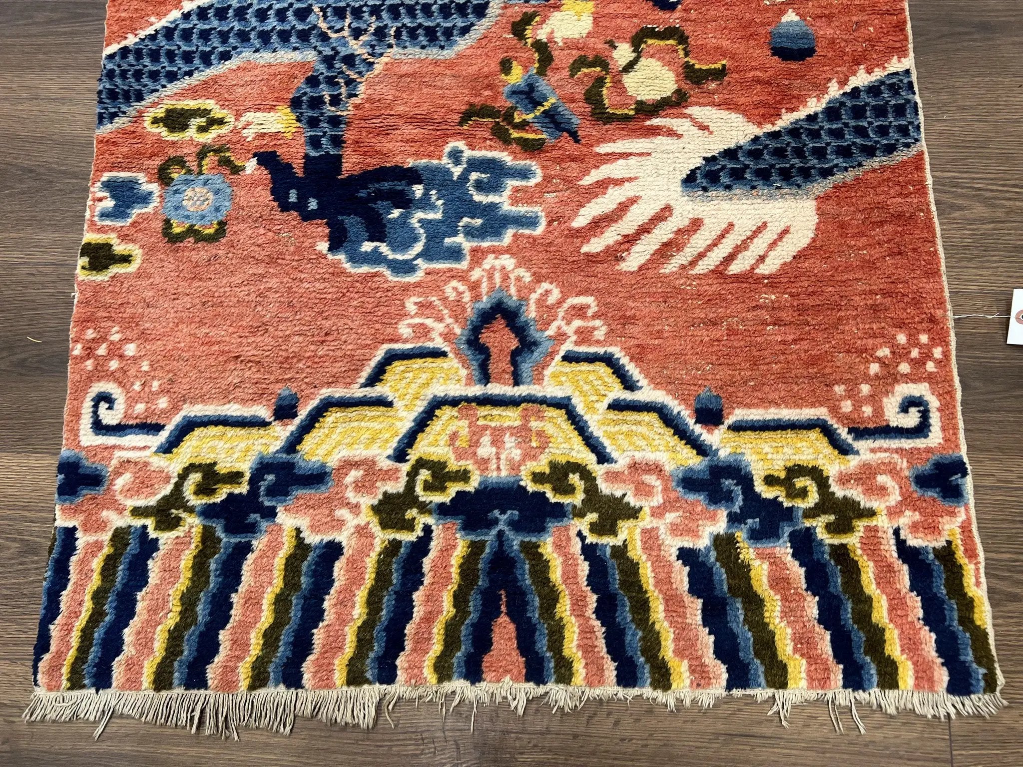 Rare Chinese Ningxia Pillar Rug 3x8, Late Qing Dynasty, 5 Clawed Dragon, Cloud Rainbow Border, Collectible Antique Carpet, Wool Hand Knotted by Jewel Rugs