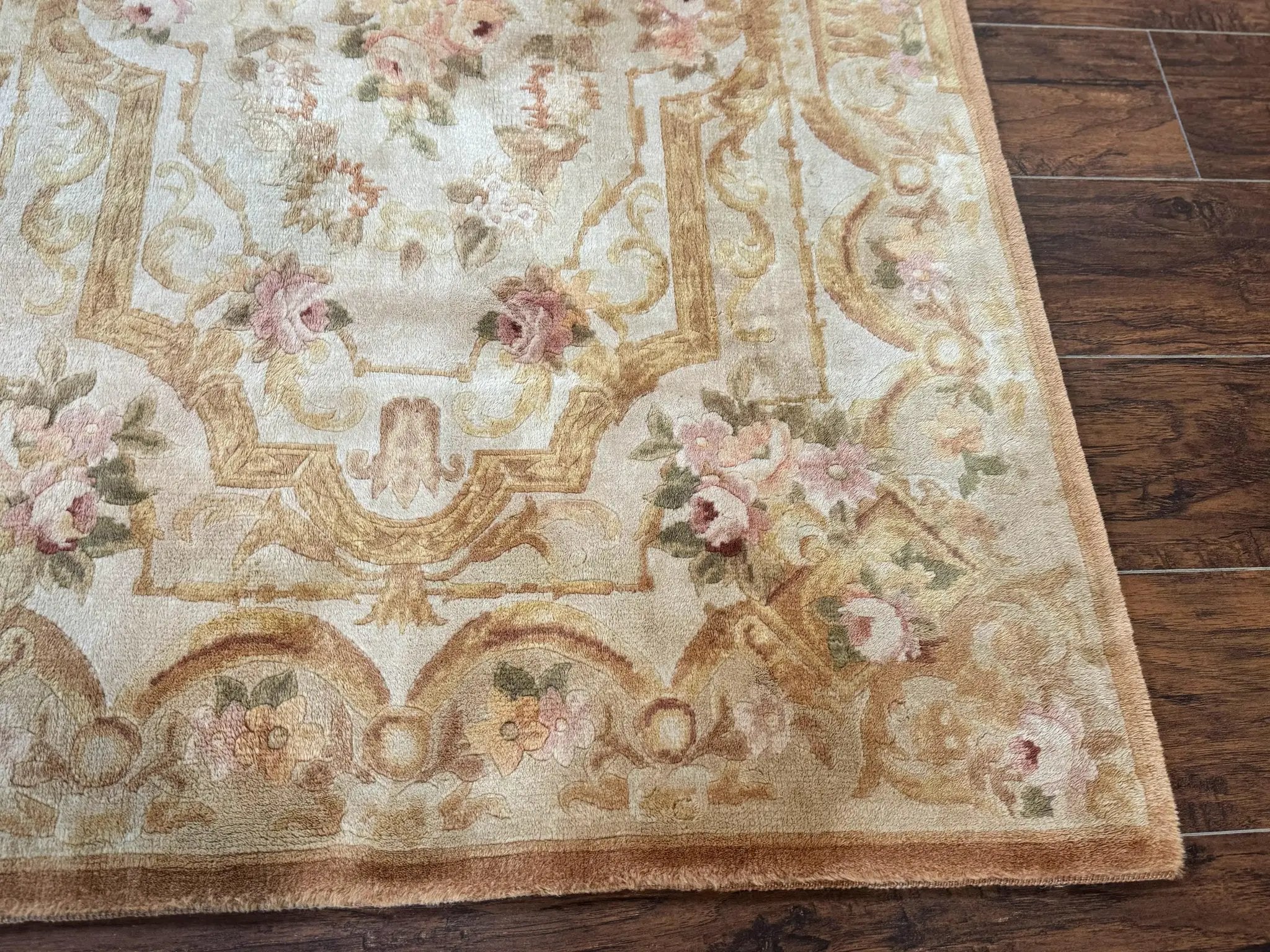 Chinese Aubusson Rug 3.6 x 5, Beige and Gold, Handmade Vintage Elegant European Design Carpet, Plush Wool, Handmade by Jewel Rugs
