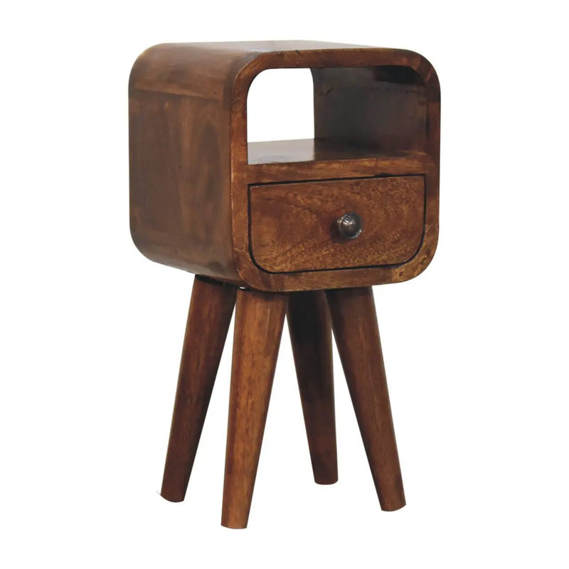 Solid Wood Extra Mini Curve Bedside, 1-Drawer, 1 Open-Slot, Chestnut by HouseOfZazla