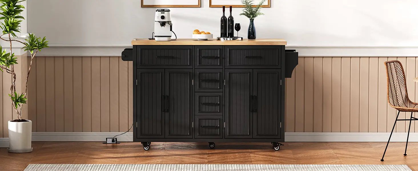 K&K 56.5'' Kitchen Island with Drop Leaf, Power Outlet by HouseOfZazla