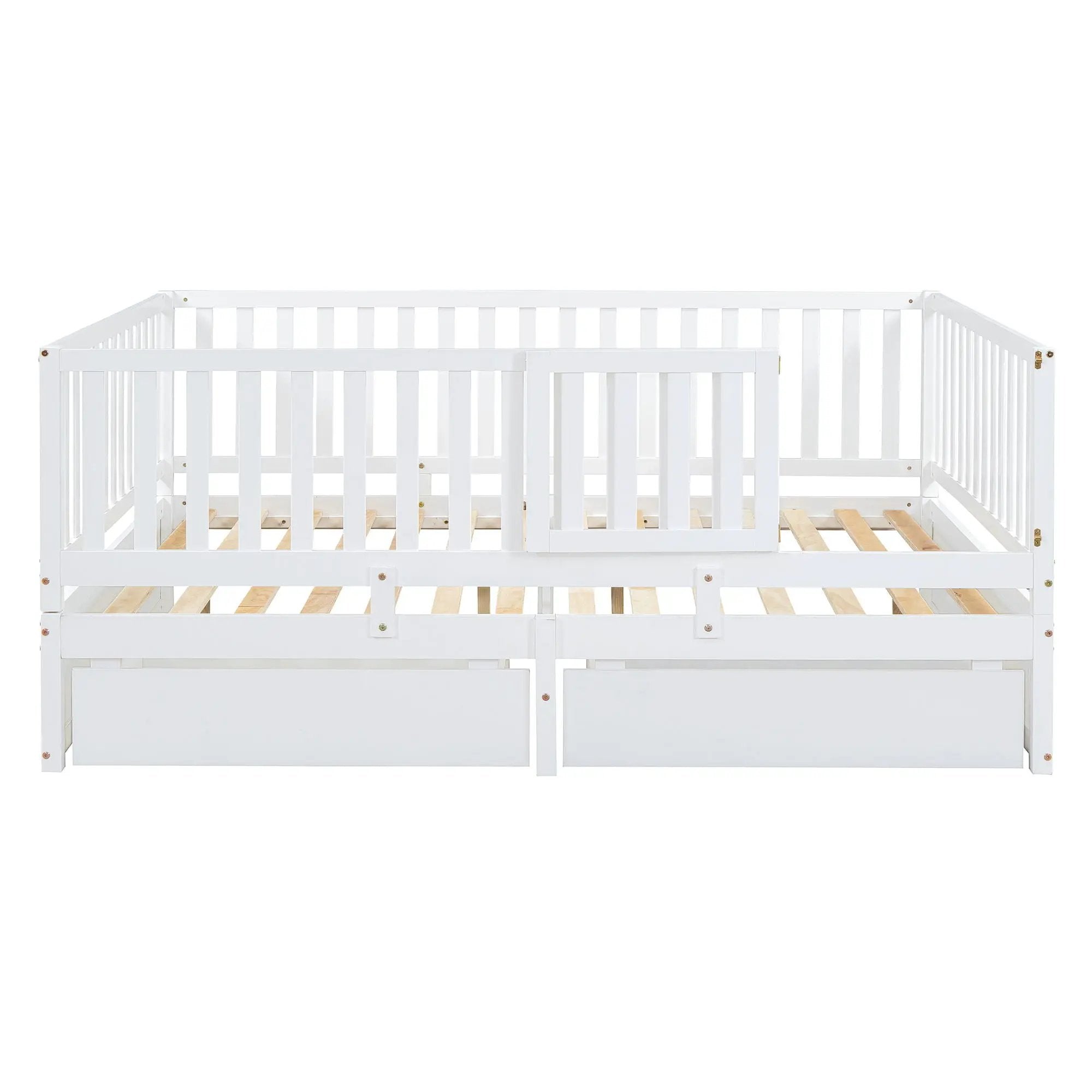 Daybed With Fence Guardrails And 2 Drawers, Split Into Independent Floor Bed & Daybed by HouseOfZazla