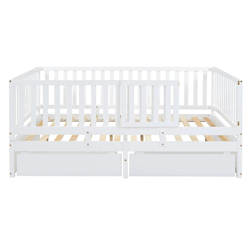 Daybed With Fence Guardrails And 2 Drawers, Split Into Independent Floor Bed & Daybed by HouseOfZazla