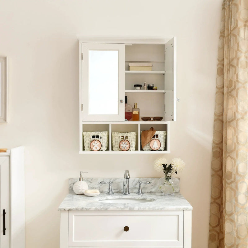 Bathroom Storage Cabinet, Medicine Cabinets For Bathroom With Mirror, 2 Doors 2 Adjustable Shelf & 3 Christmas Style Storage Basket - White by HouseOfZazla