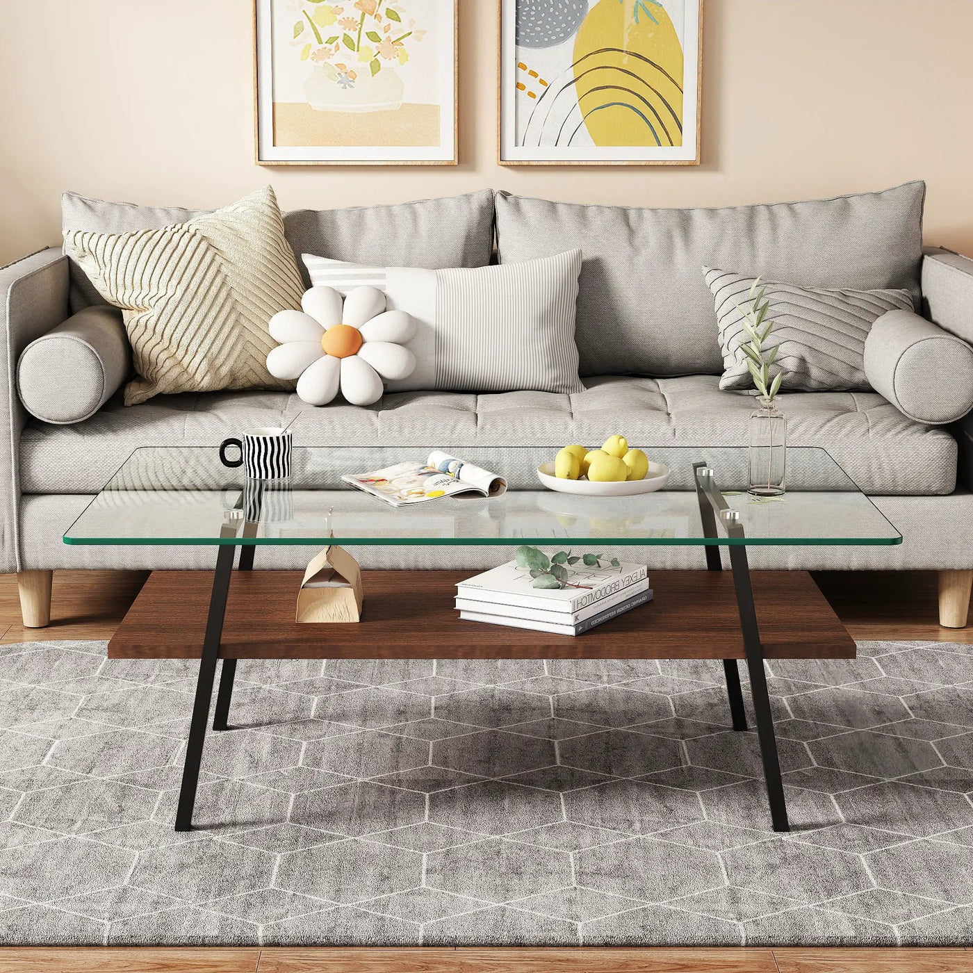 Rectangle Coffee Table, Tempered Glass Tabletop With Metal Legs, Modern Table For Living Room by HouseOfZazla