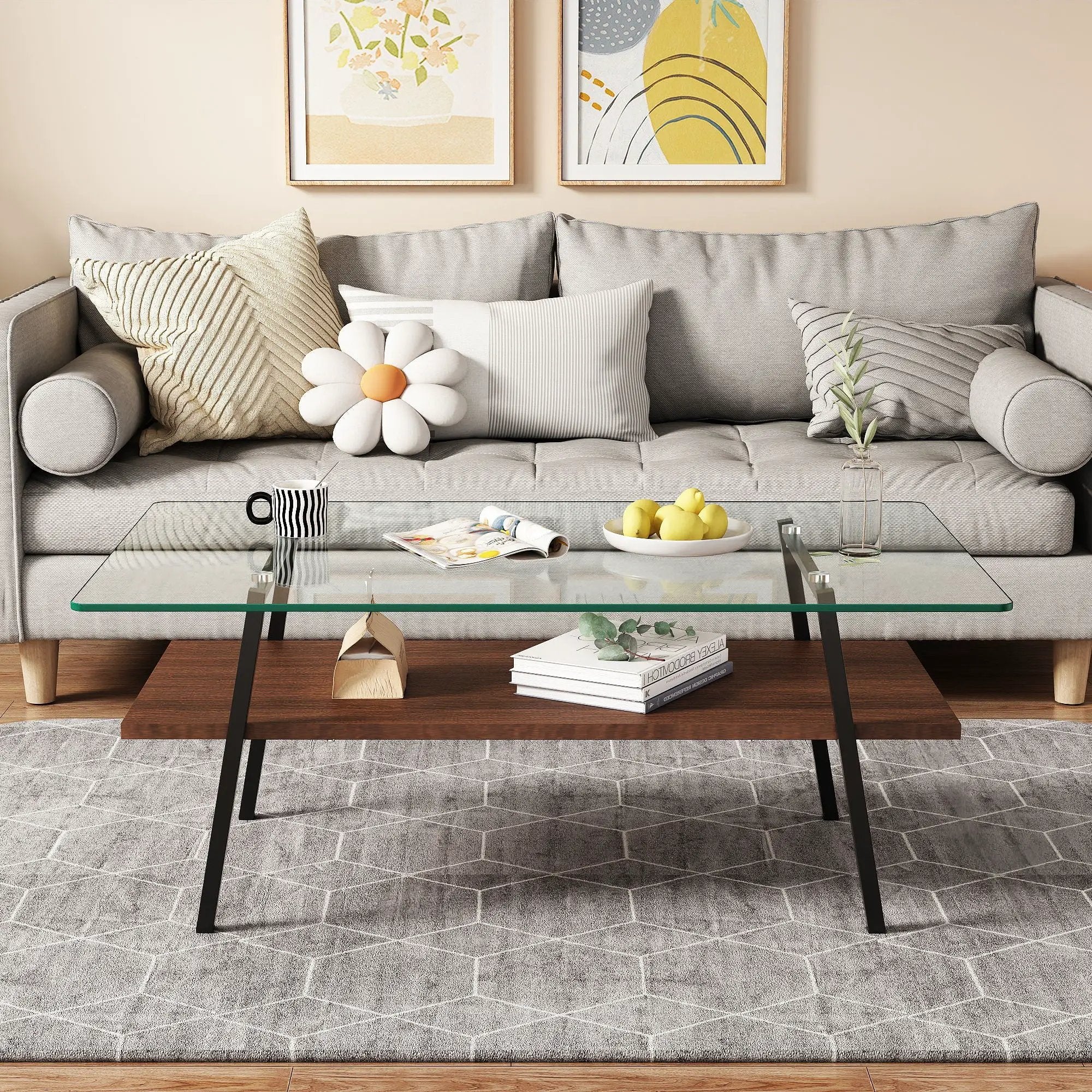 Rectangle Coffee Table, Tempered Glass Tabletop With Metal Legs, Modern Table For Living Room by HouseOfZazla