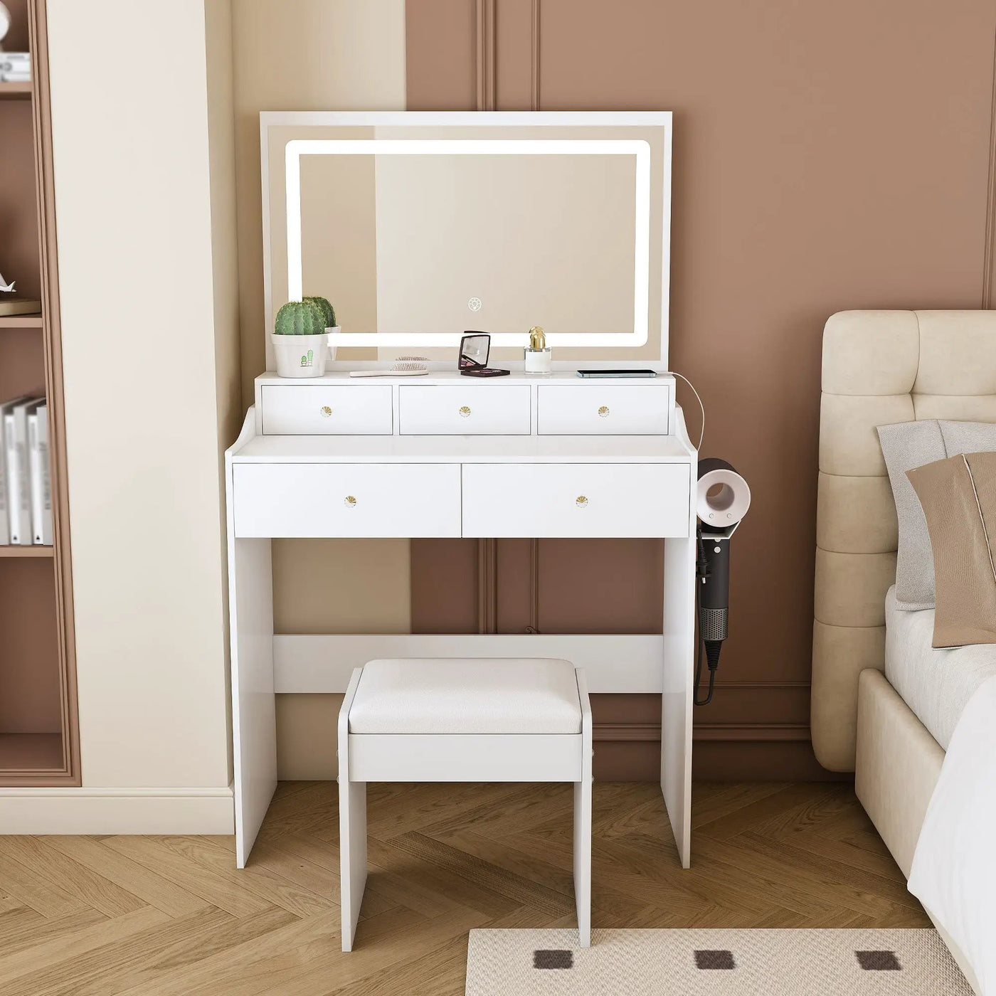 Modern Makeup Vanity Set With Power Outlet, Hair Dryer Holder, And Adjustable Lighting by HouseOfZazla