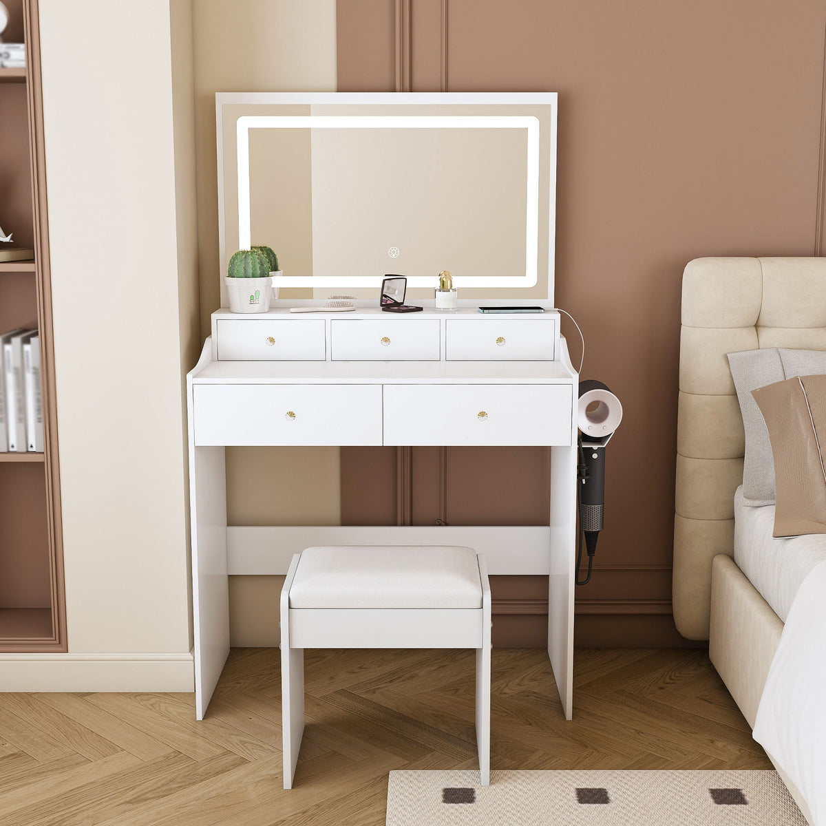 Modern Makeup Vanity Set with Power Outlet and Adjustable Lighting - Black or White, photo 3 of 8