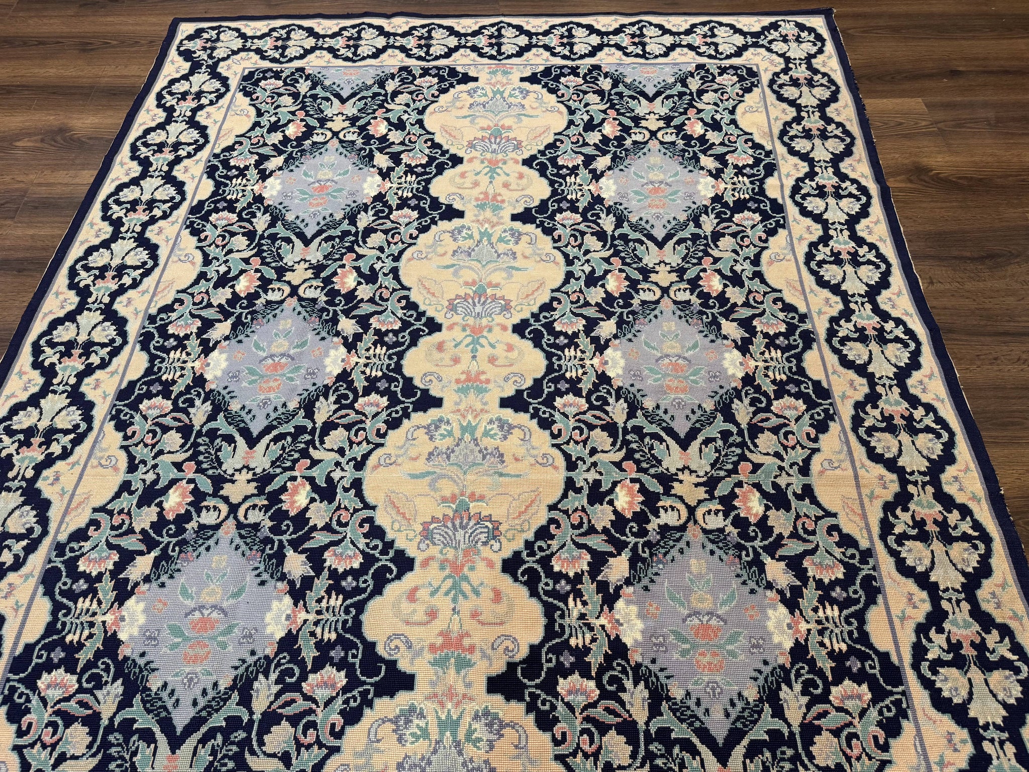 Needlepoint Rug 6x9, Ivory and Navy Blue by Jewel Rugs