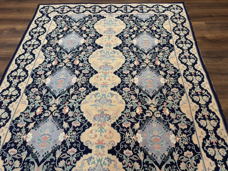 Needlepoint Rug 6x9, Ivory and Navy Blue by Jewel Rugs