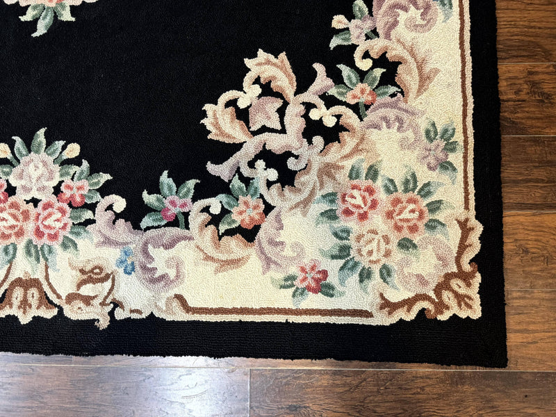 Aubusson Rug 8x11, Black and Ivory, Hooked Rug, Vintage, Wool by Jewel Rugs