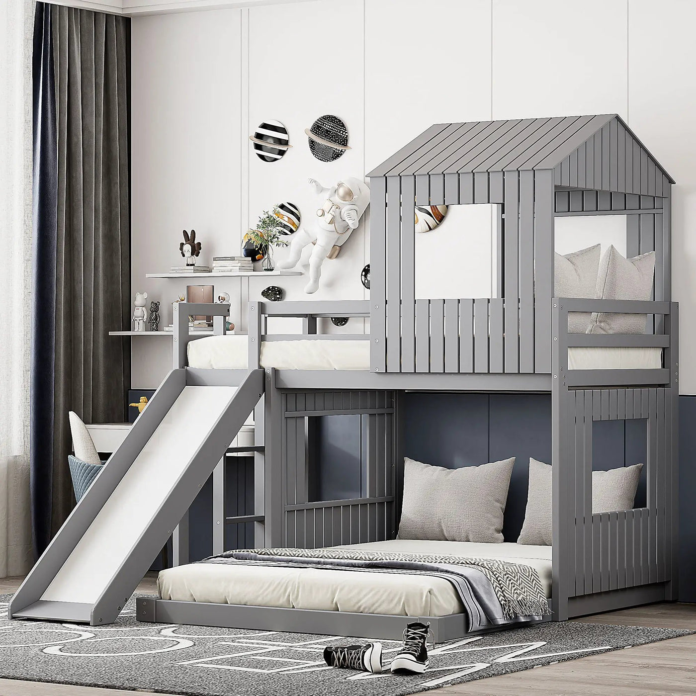 Loft Bunk Bed With Playhouse, Farmhouse, Ladder, Slide And Guardrails by HouseOfZazla
