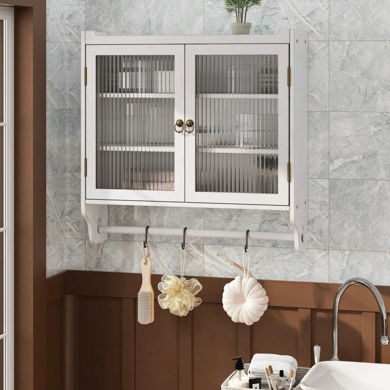Vintage Double Door Wall Cabinet With Three Tiers Storage And Towel Rack - White Washed by HouseOfZazla