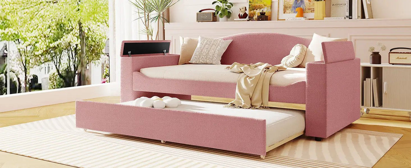 Upholstered Daybed With Storage Armrests, Trundle And Latest Integrated tooth Audio System by HouseOfZazla