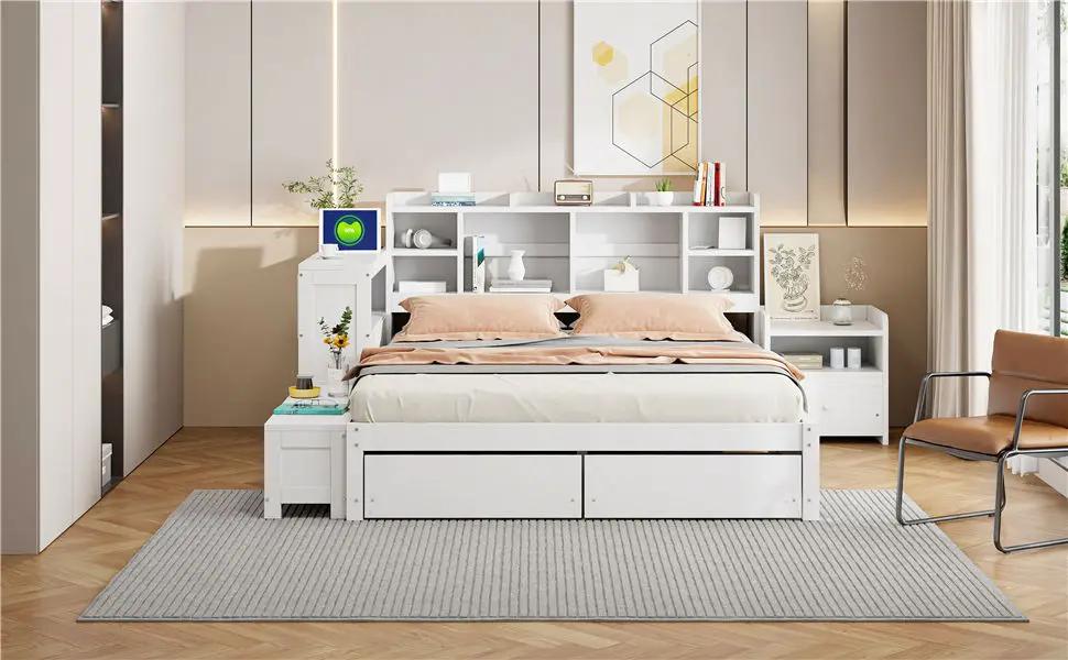 Platform Bed With Multi Functional Storage Space, Nightstand, 2 Drawers, USB Ports And Desk by HouseOfZazla