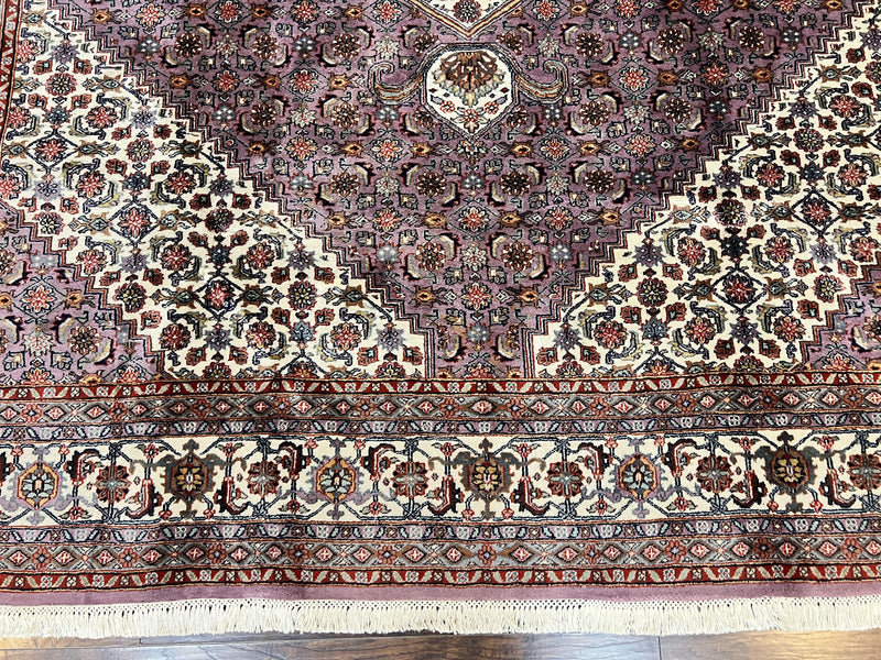 Indo Persian Bidjar Rug 8x10, Purple and Ivory Hand Knotted Wool Vintage Oriental Carpet, Herati Mahi Pattern, 8 x 10 Traditional Fine Rug by Jewel Rugs
