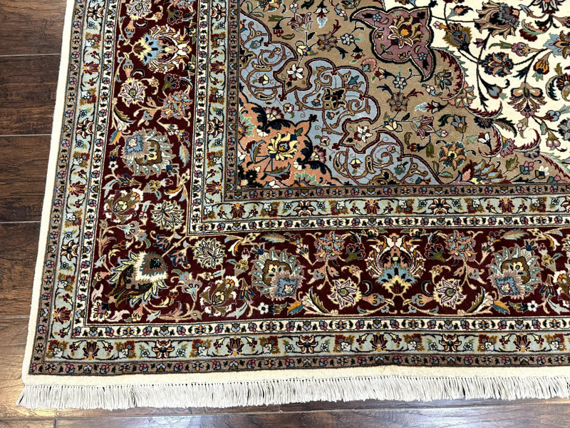 Persian Tabriz Rug 8x11, Floral Medallion Traditional Area Rug, Fine 300 KPSI, Ivory Maroon by Jewel Rugs