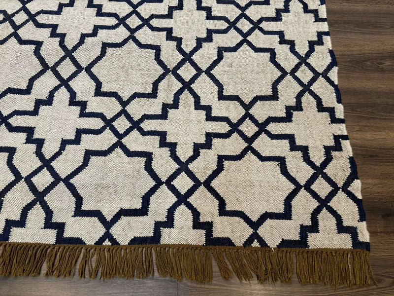 Indian Kilim Rug 8x10, Oat and Navy Blue, Dhurrie Carpet, Handmade, Wool by Jewel Rugs