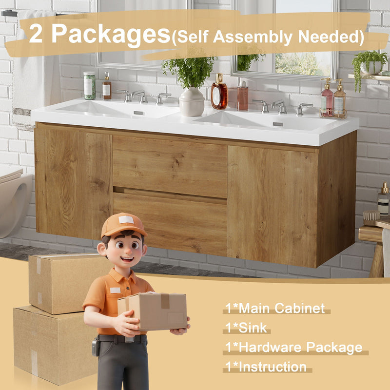 Double Sink Bathroom Vanity, Cabinet & Soft Close Doors, Divided Drawers, Wall Mounted Storage - Wood by HouseOfZazla