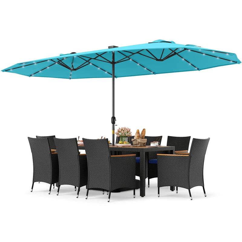 11 Pieces Patio Dining Set with LED Patio Umbrella with Base and Seat Cushions (Navy) by DirectDeals